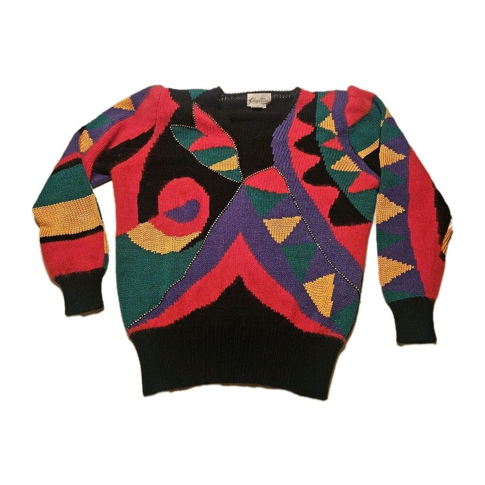 CHRISTINE Wool Vintage Colorful Abstract Colorblock Rhinestone Knit Sweater L